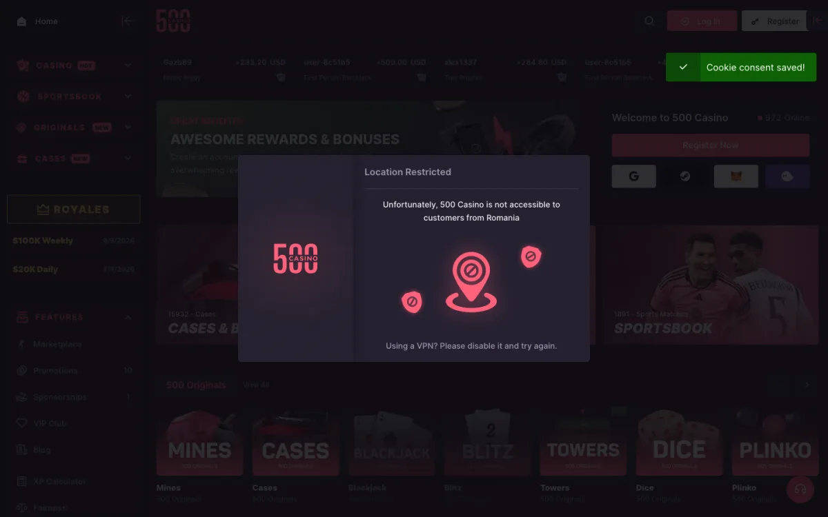 500 Casino homepage